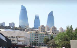 Aerial view flame towers Baku