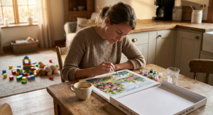 Busy mom enjoying paint by numbers activity at home during a peaceful moment